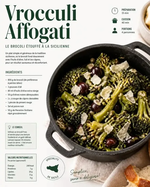 Plat de brocoli italien préparé selon la recette traditionnelle des Vrocculi Affogati siciliens