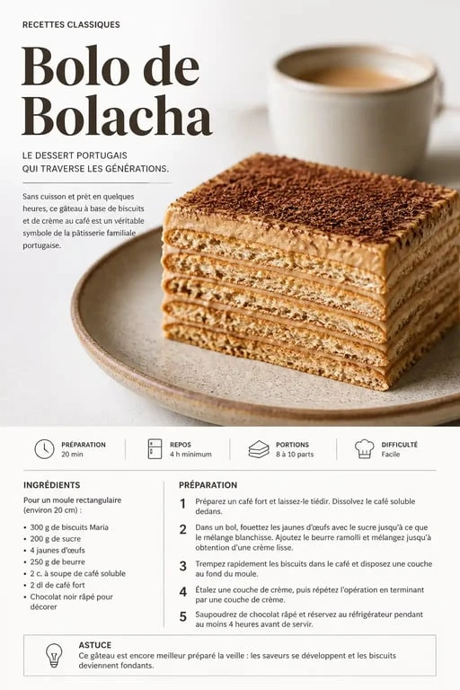 Gâteau du Portugal traditionnel : Bolo de Bolacha aux biscuits Maria et crème au café
