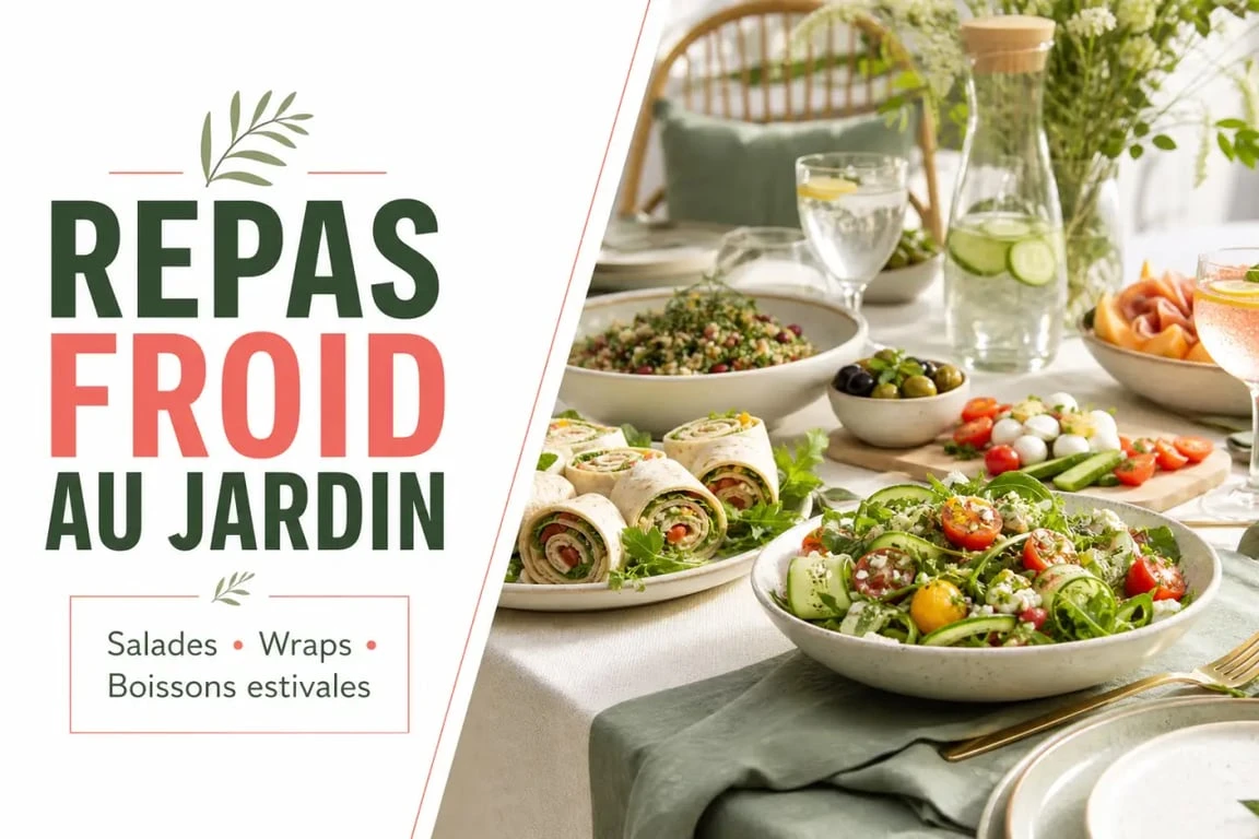 Table dressée pour un repas froid entre amis avec des plats variés et colorés