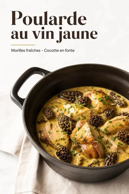 Poularde au vin jaune et morilles, recette façon Cyril Lignac, servie dans une cocotte en fonte.