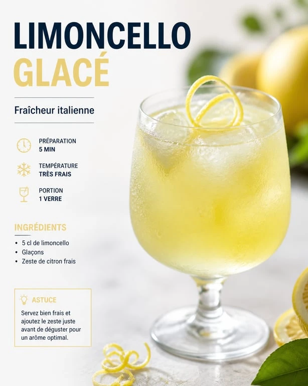 Verre de limoncello artisanal glacé avec zestes de citron, idéal pour une dégustation rafraîchissante.