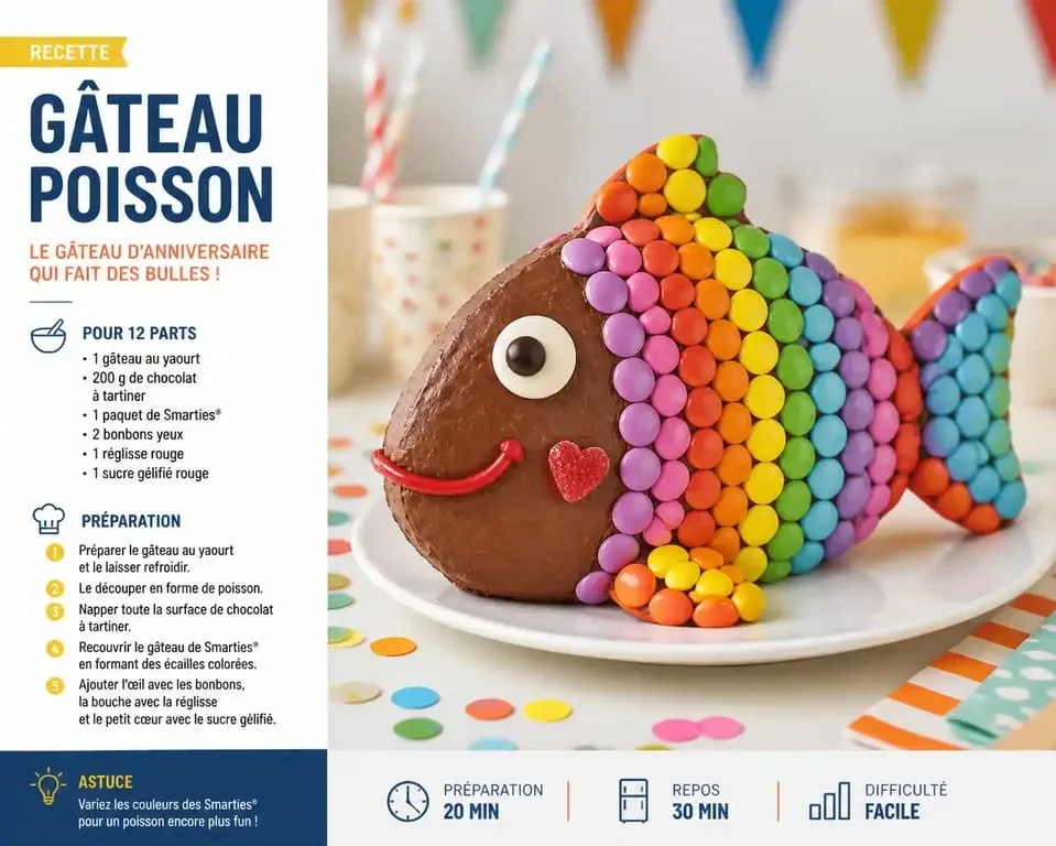 Gâteau rigolo d'anniversaire en forme de poisson décoré de bonbons colorés