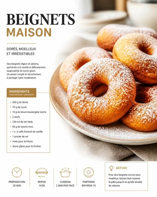 Beignets rapides maison dorés et saupoudrés de sucre glace dans une assiette