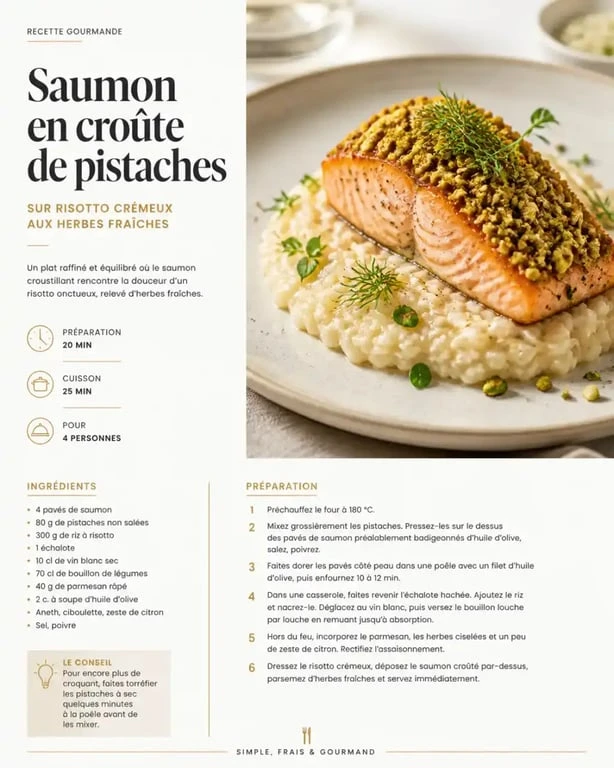 Pavé de saumon en croûte de pistaches pour un menu un dîner presque parfait