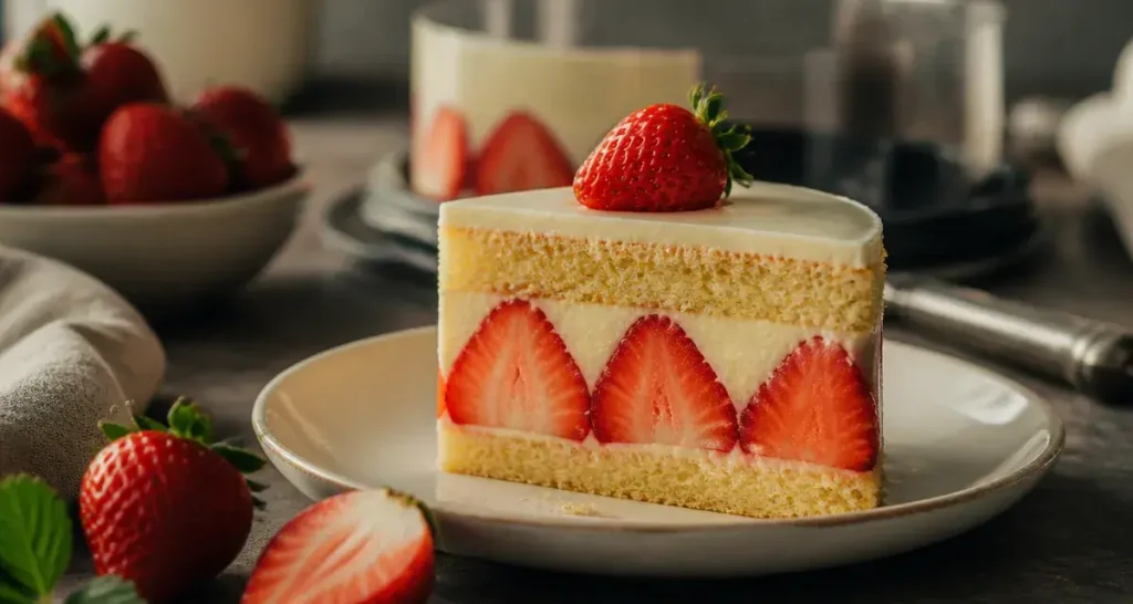 Photo de fraisier sucré : part avec fraises, crème diplomate et biscuit citron.