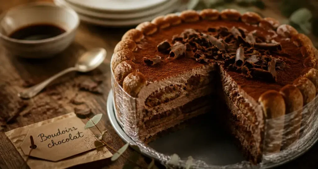 Gâteau aux boudoirs chocolat démoulé, tranches nettes
