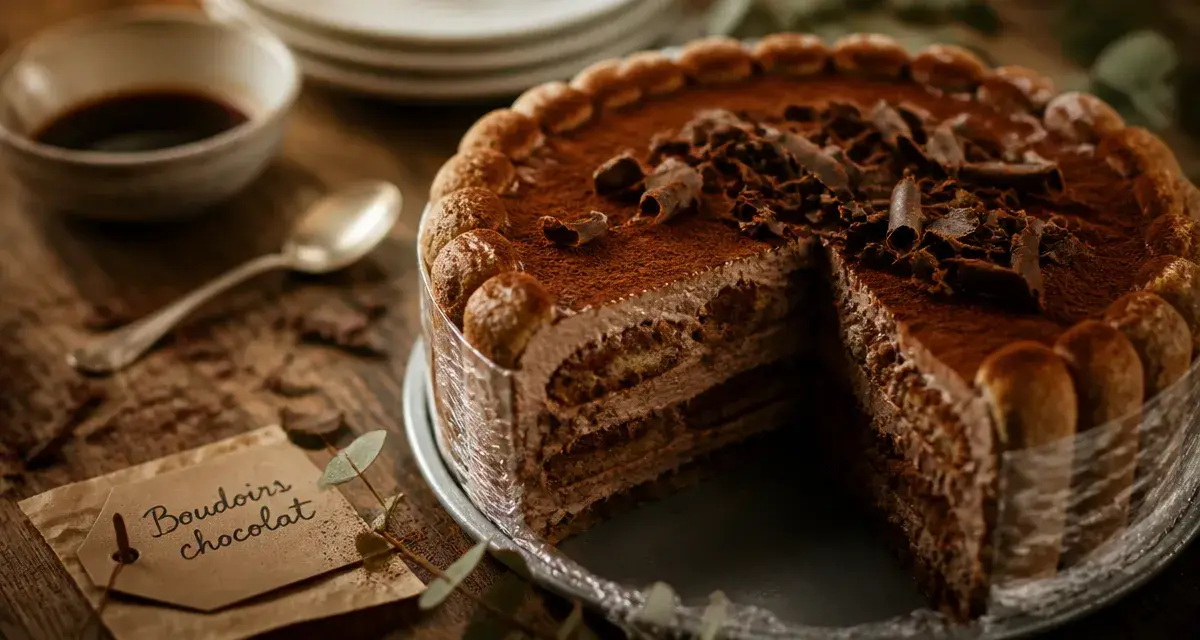 Gâteau aux boudoirs chocolat démoulé, tranches nettes