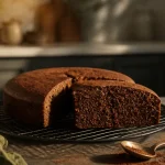 Gateau cacao moelleux, tranché, tamis à cacao