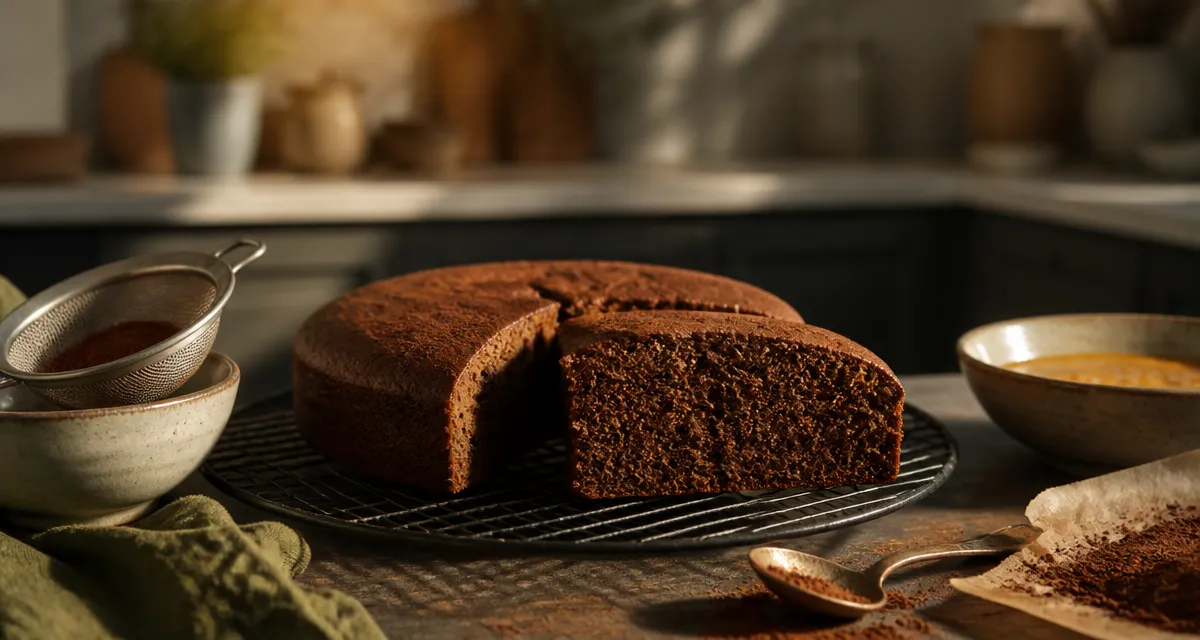 Gateau cacao moelleux, tranché, tamis à cacao