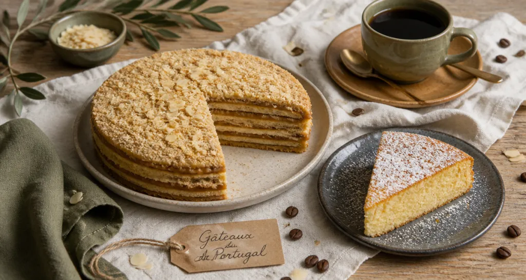 Gateau du Portugal bolo de bolacha et pao de lo sur table rustique