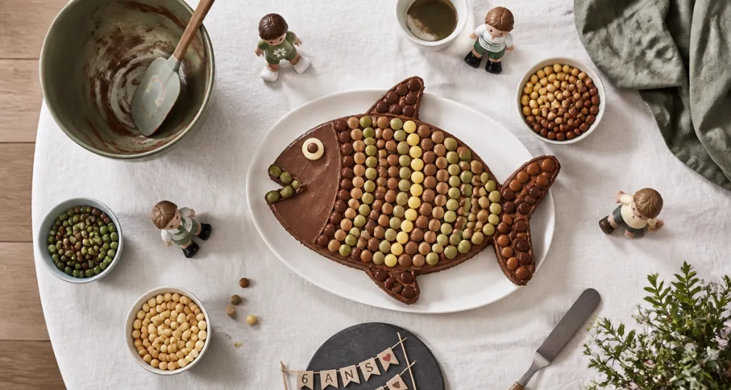 gateau rigolo anniversaire poisson décoré bonbons