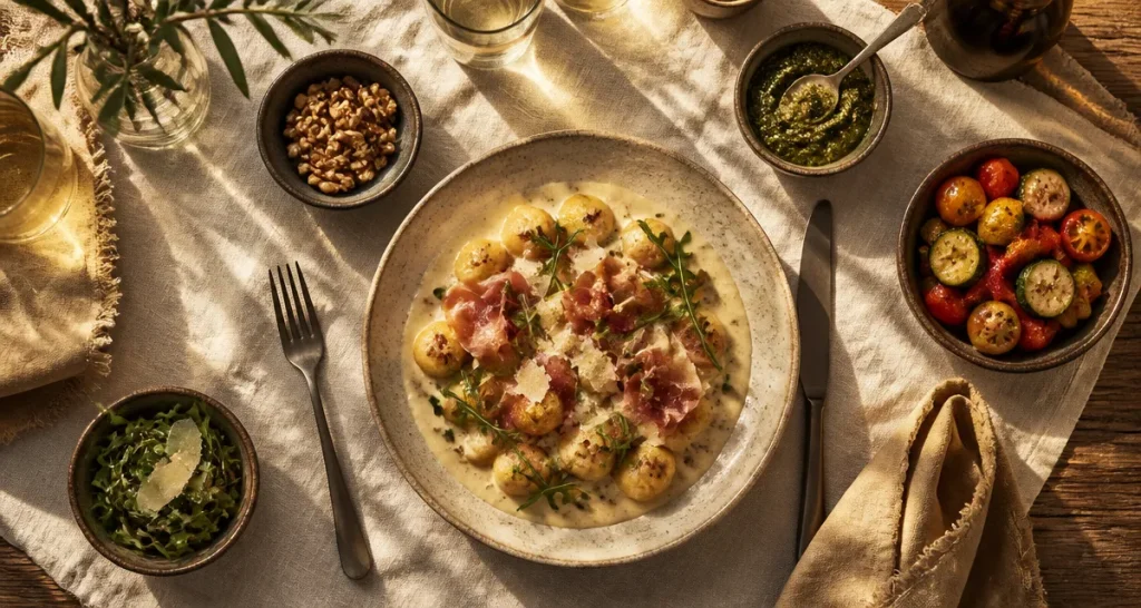 Gnocchi et accompagnement crème parmesan légumes rôtis