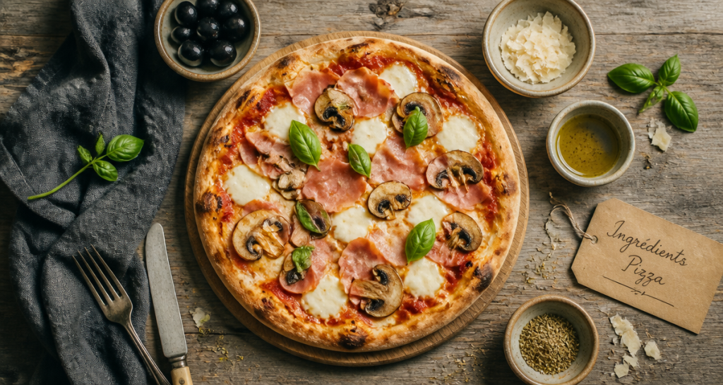 ingredient pizza artisanale garnie sur table rustique