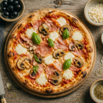 ingredient pizza artisanale garnie sur table rustique