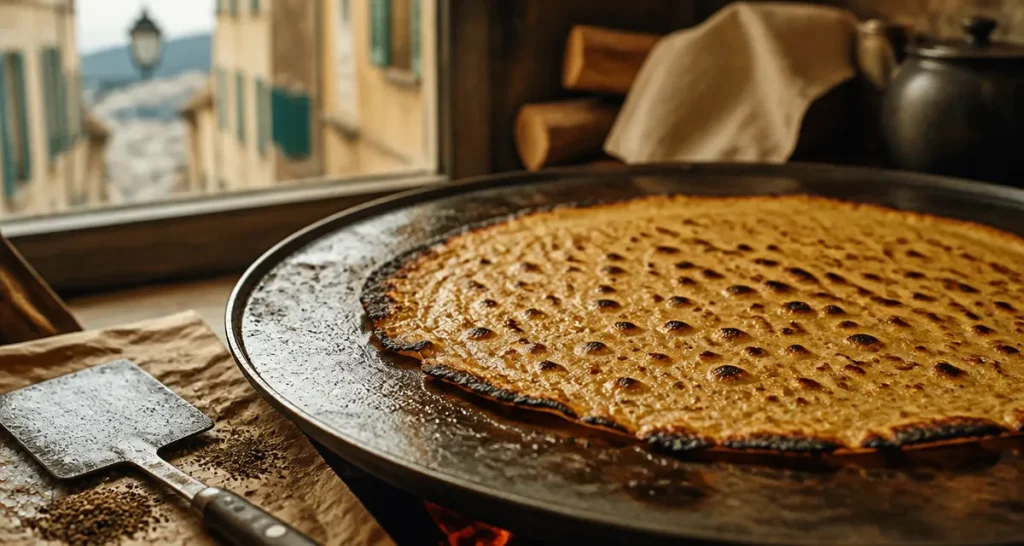 La socca nice, galette fine sur plaque brûlante, bords dorés