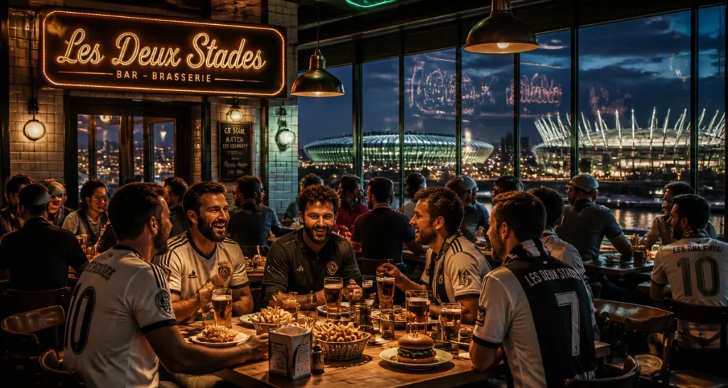 Les Deux Stades grande table brasserie stades en arrière-plan