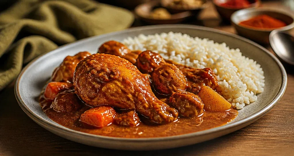Mafé africain au poulet, sauce arachide épaisse, riz blanc