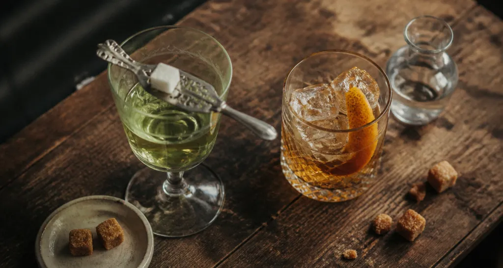 morceau de sucre dans l'alcool sur une table de bar