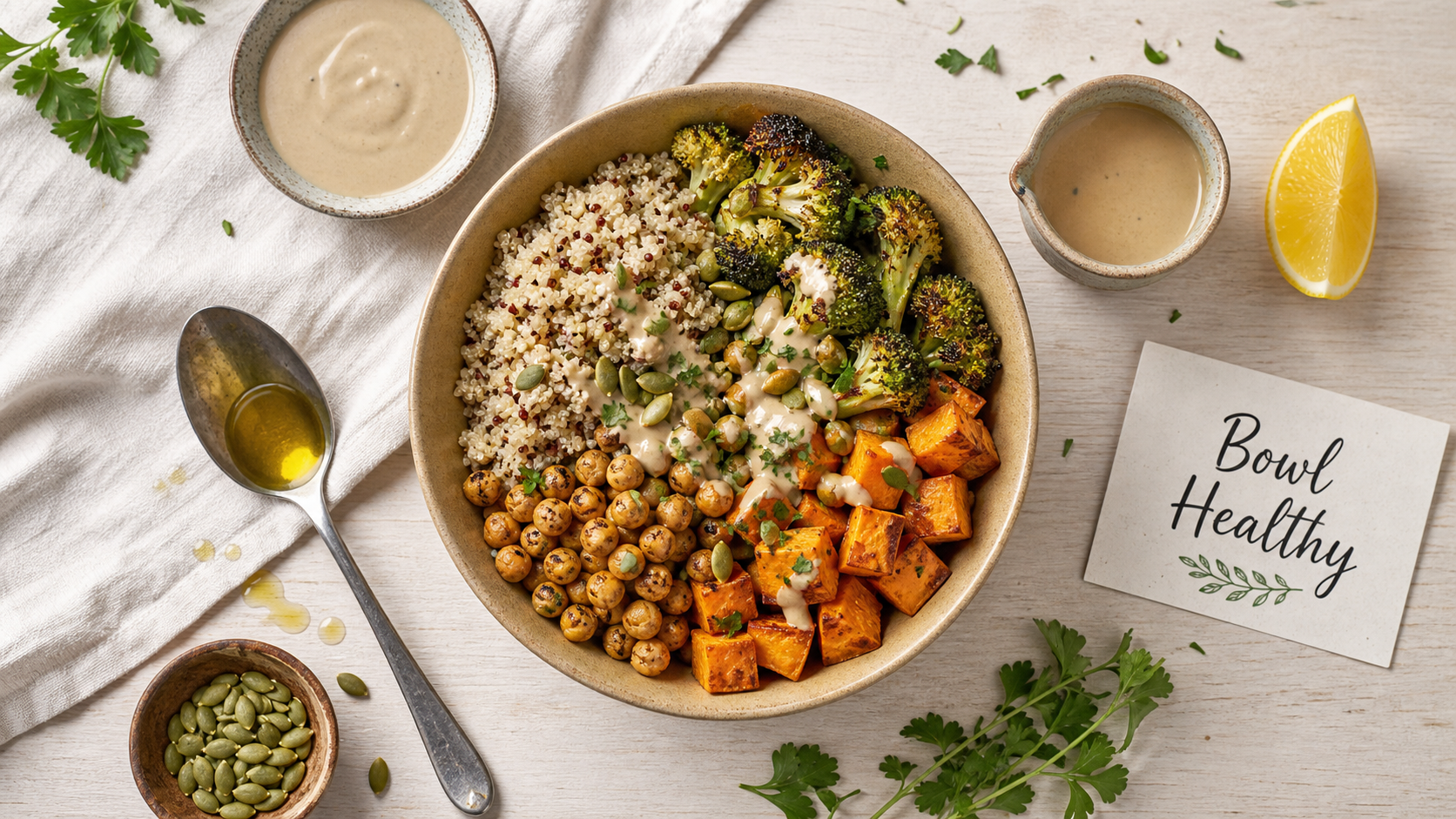 nourriture healthy : bowl quinoa tahini et légumes rôtis