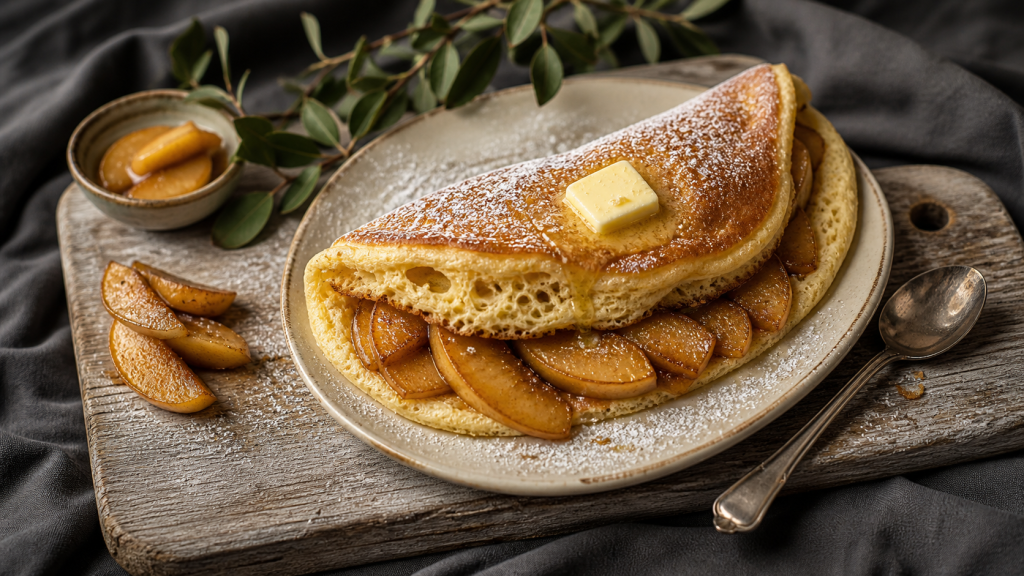 Omelette sucrée soufflée aux pommes caramélisées, texture aérienne