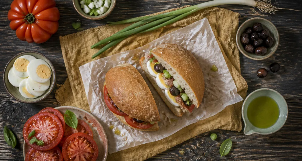 pan bagnat nice coupé avec ingrédients traditionnels