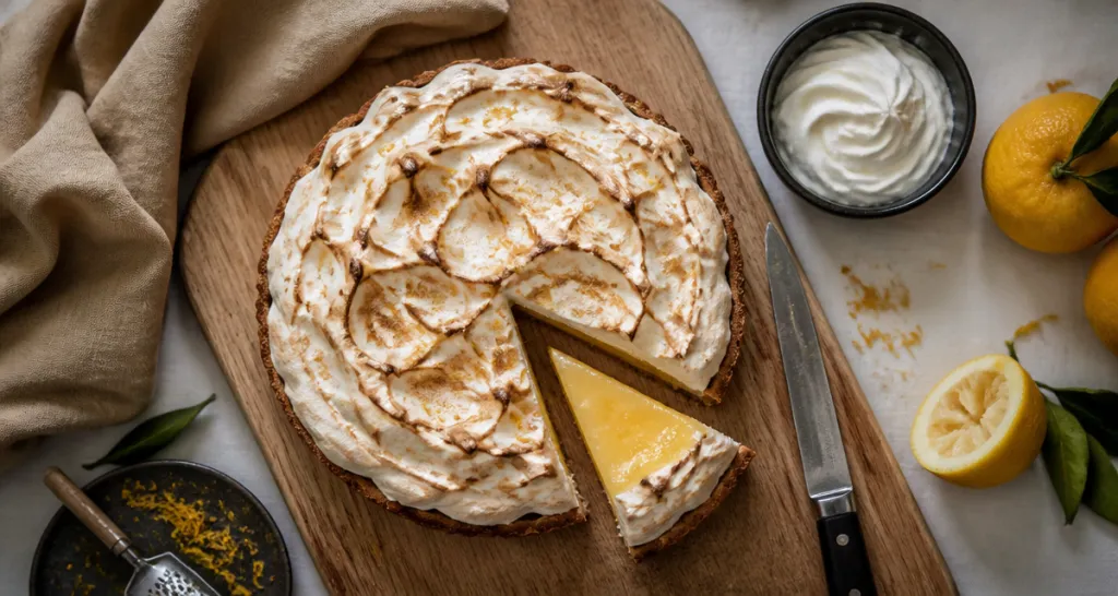 pie lemon meringuée sur planche bois avec citrons