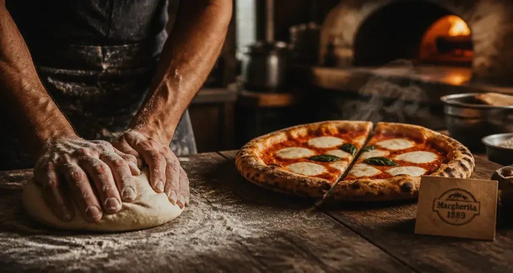 Photo pizza origines Margherita napolitaine, pizzaiolo et pâte