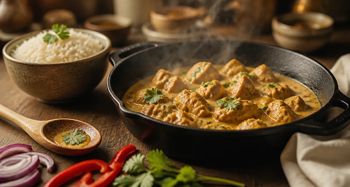 Plat a base de poulet : dés de poulet curry coco en poêle, riz