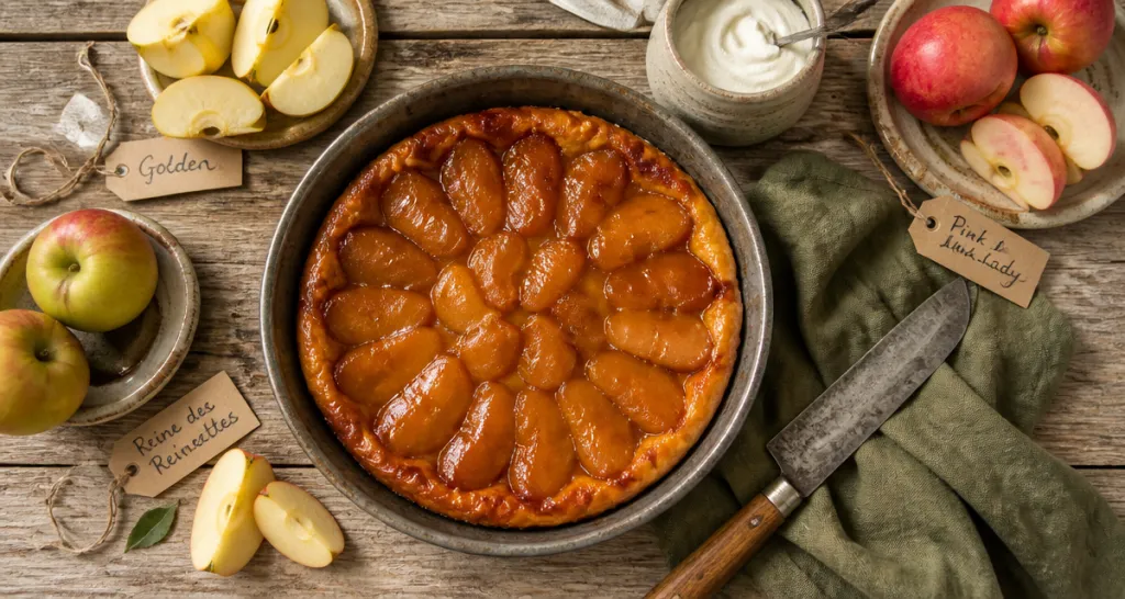 pomme tarte tatin sur table rustique avec variétés