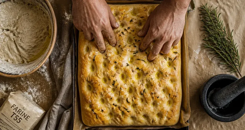 Recette focaccia Cyril Lignac : focaccia dorée alvéolée, romarin et huile d’olive