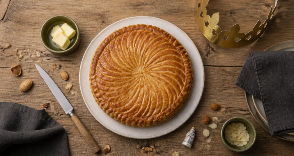 recette pour la galette des rois frangipane dorée sur table élégante