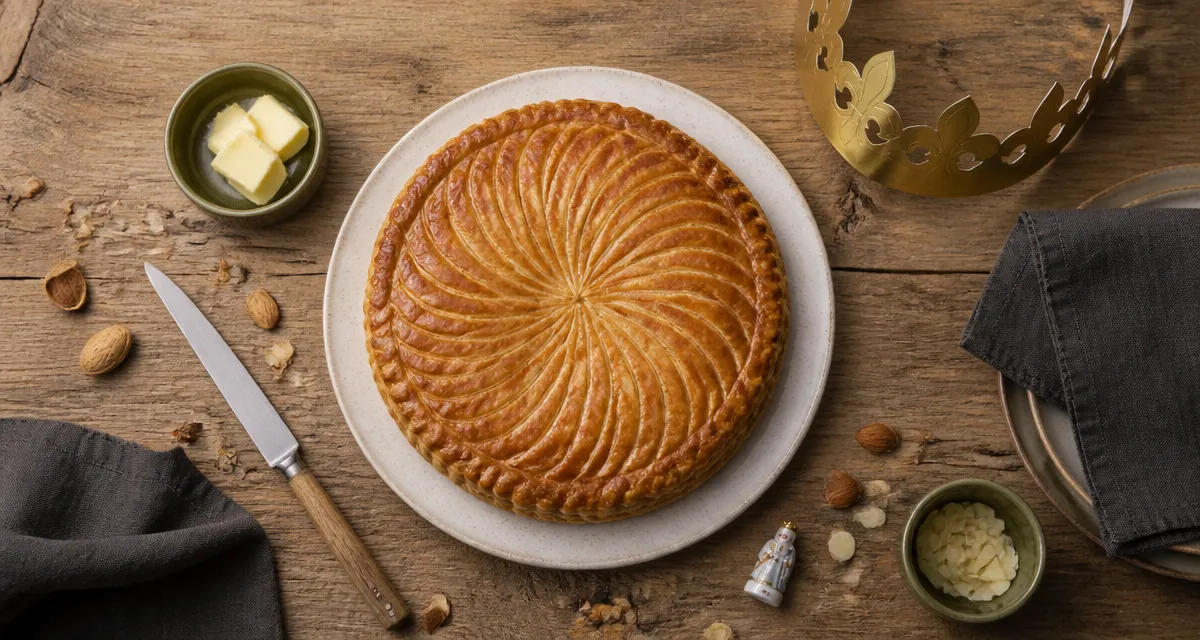 recette pour la galette des rois frangipane dorée sur table élégante