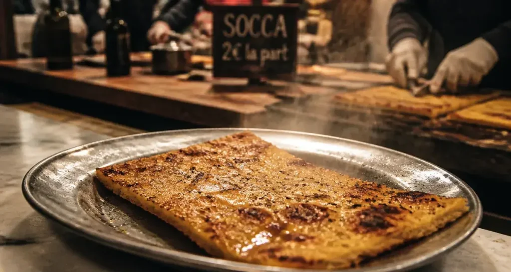Socca nice france, cuisson au four à bois, socca fumante croustillante