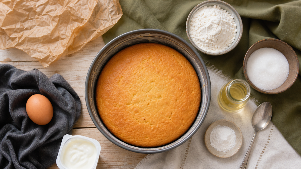 Un gateau avec un oeuf moelleux au yaourt, ingrédients visibles