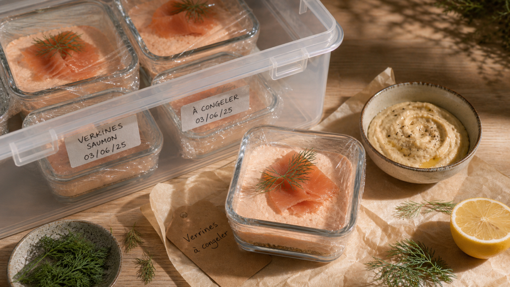 Verrine apéro à congeler en boîte hermétique, étiquetée et prête