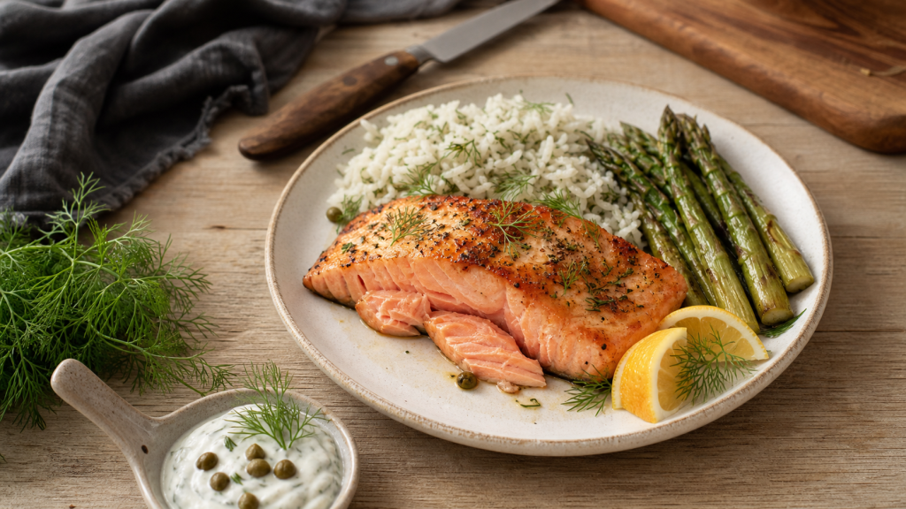 Accompagnement du saumon avec riz, légumes et sauce yaourt-citron