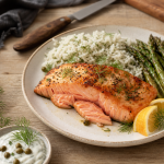 Accompagnement du saumon avec riz, légumes et sauce yaourt-citron