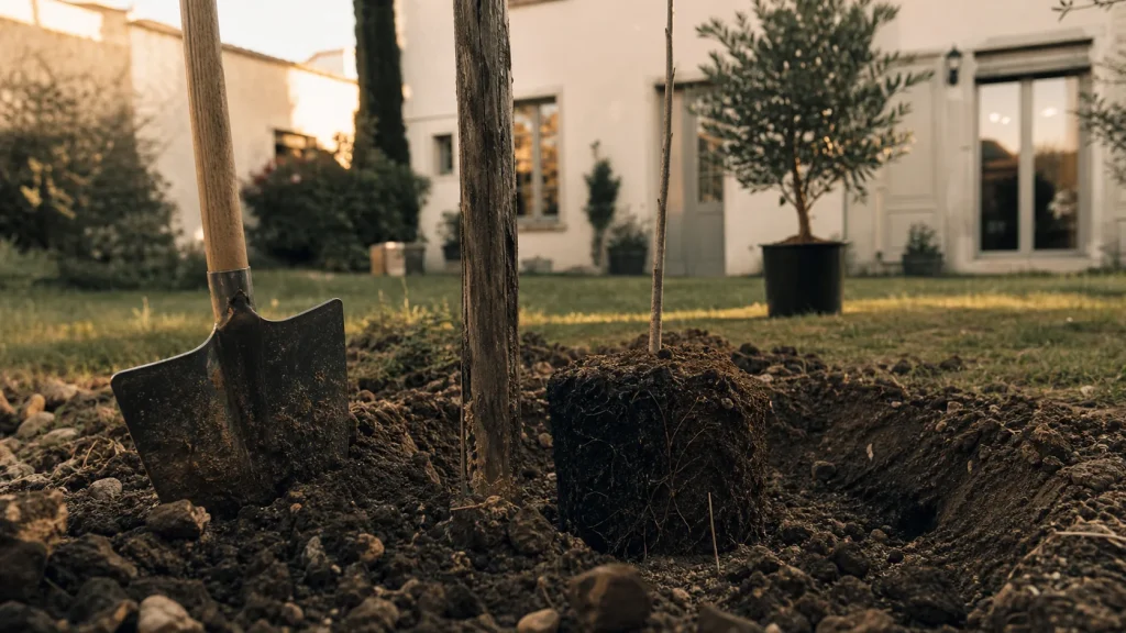 Arbre a planter : plantation en jardin, pelle et tuteur près du trou