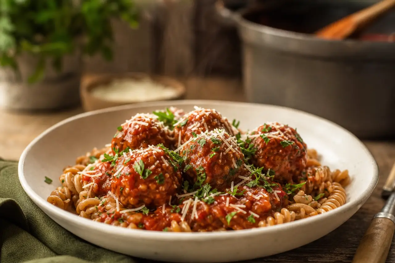 Boulettes de viande sauce tomate, sauce tomate nappante, persil et parmesan
