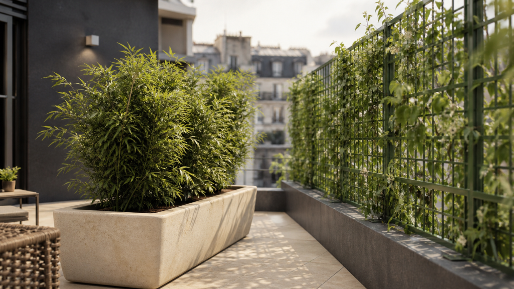 Brise vue plante avec bambou persistant sur terrasse