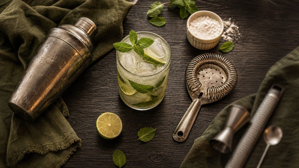 Cocktail classique Mojito et Old Fashioned sur table en bois
