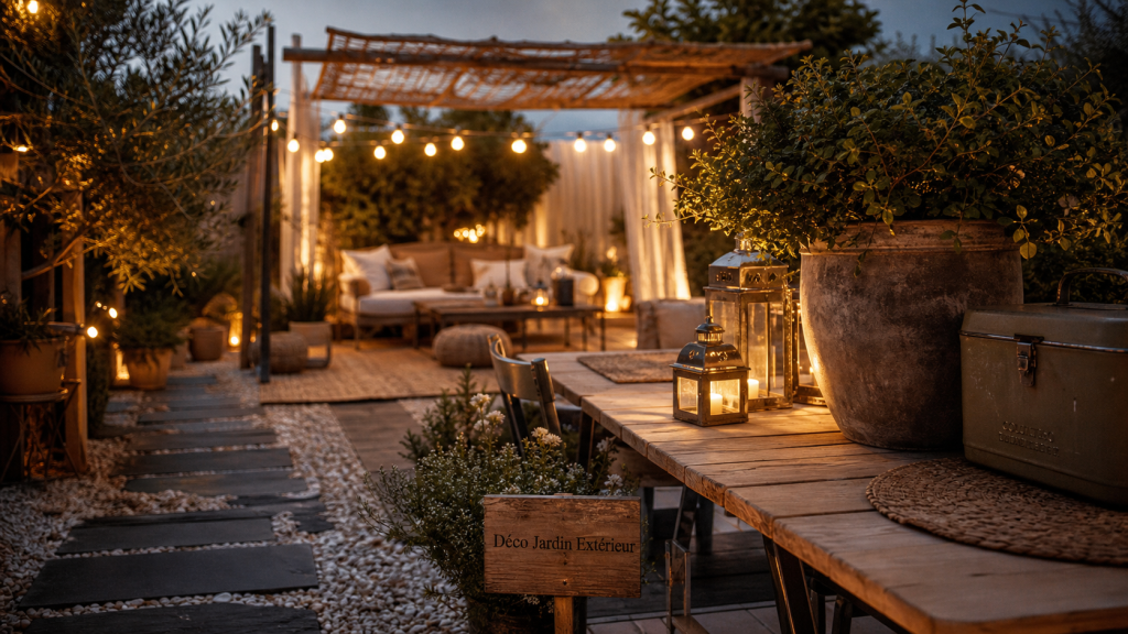 Déco jardin extérieur : terrasse au crépuscule avec lumière