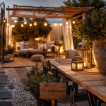 Déco jardin extérieur : terrasse au crépuscule avec lumière
