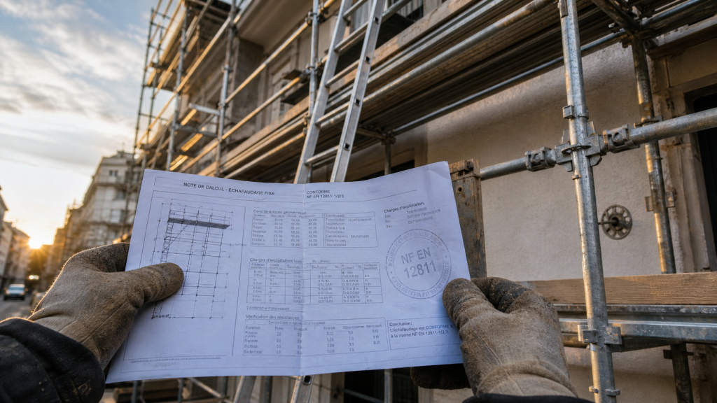 Échafaudage fixe en chantier, normes de sécurité et points d’ancrage visibles