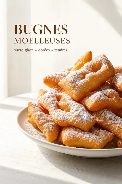 Recette des bugnes moelleuses dorées et poudrées de sucre glace sur une assiette