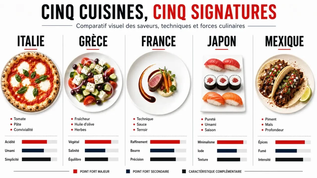 Infographie comparative sur les 5 grandes cuisines du monde : Italie, Grèce, France, Japon et Mexique