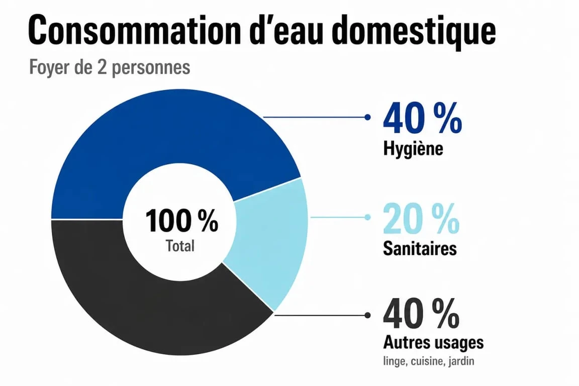 Répartition de la consommation moyenne d'eau pour 2 personnes par poste d'usage