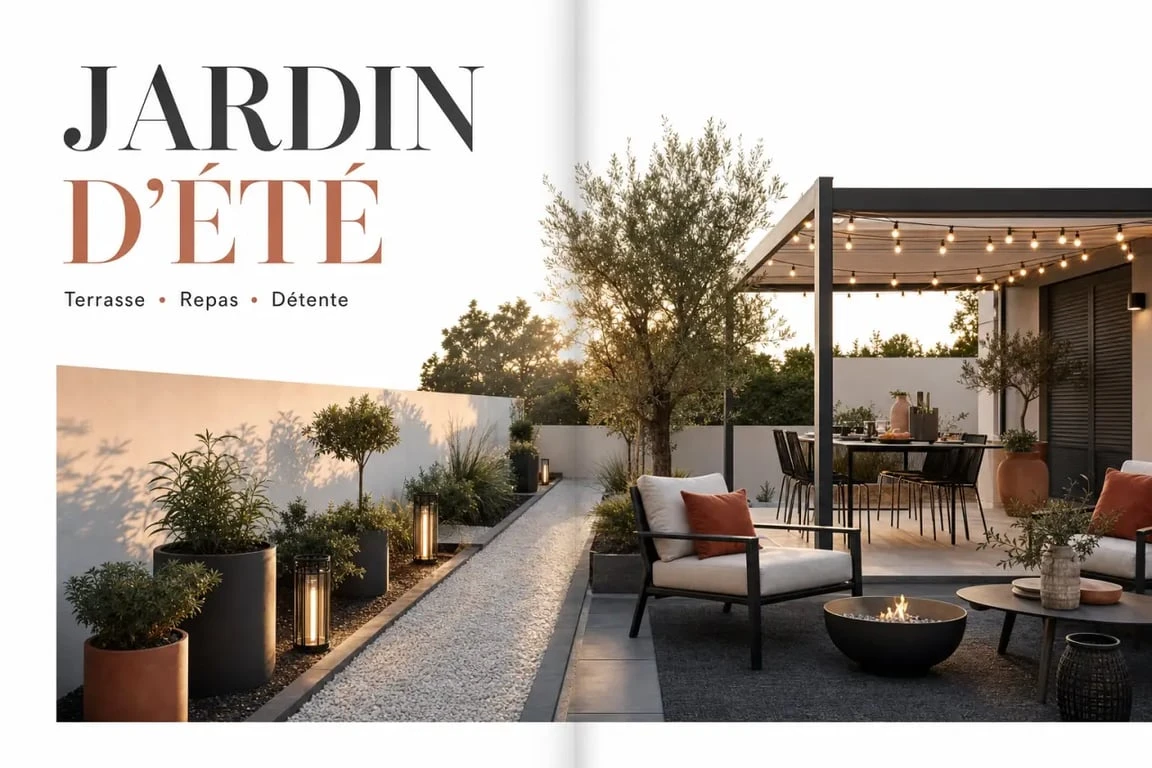 Déco jardin extérieur : inspiration d’un jardin extérieur chaleureux avec terrasse, lumières et pots