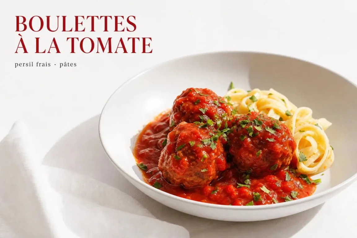Boulette de viande sauce tomate servie avec pâtes et persil frais dans une assiette creuse