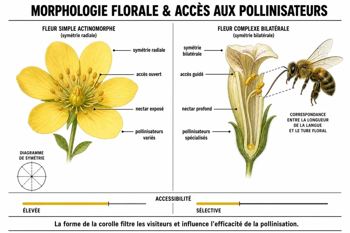 Schéma explicatif de la morphologie des plantes mellifères et de l'accessibilité au nectar pour les abeilles